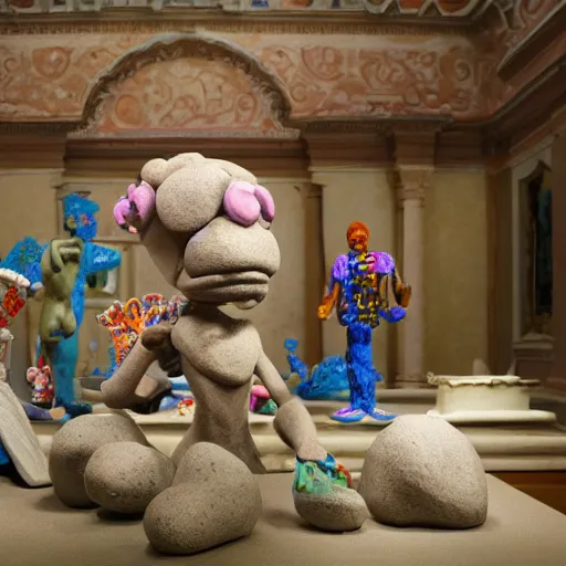 Image similar to a claymation film still of anthropomorphic stone / collection / ethnographic museum / claymation by jeff koons