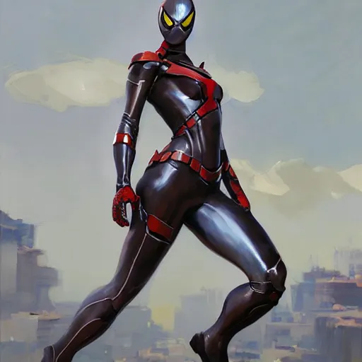 Image similar to greg manchess portrait painting of partially armored female iron spiderman as overwatch character, medium shot, asymmetrical, profile picture, organic painting, sunny day, matte painting, bold shapes, hard edges, street art, trending on artstation, by huang guangjian, gil elvgren, ruan jia, greg rutkowski, gaston bussiere