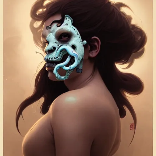 Prompt: Portrait of a girl with oni-half-mask smoke coming out of the nostrils, face, fantasy, intricate, elegant, highly detailed, digital painting, artstation, concept art, smooth, sharp focus, illustration, art by Wei Fan and Fernanda Suarez and Artem Demura and alphonse mucha