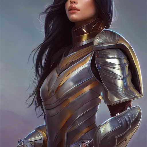 Image similar to portrait of madison beer wearing a skintight knight armor, intricate, elegant, highly detailed, digital painting, artstation, concept art, smooth, sharp focus, illustration, art by artgerm and greg rutkowski and alphonse mucha, 8 k