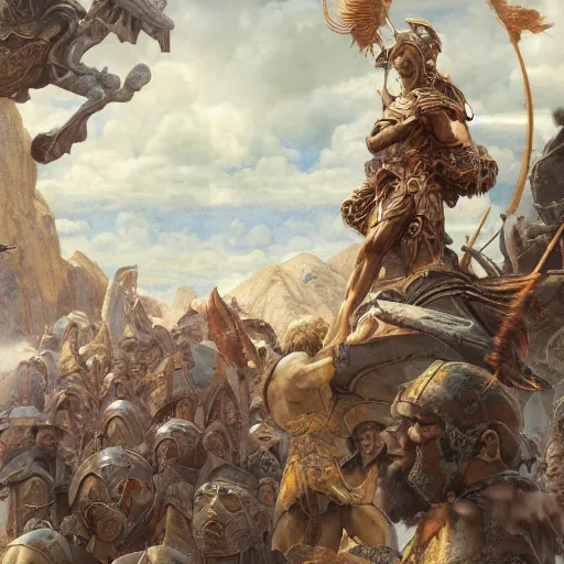 Image similar to disasterpiece Peloponnese war Gods watching above, by Edgar Maxence and Ross Tran and Michael Whelan, intricate line drawings, by Edgar Maxence and Ross Tran and Michael Whelan, 4k resolution