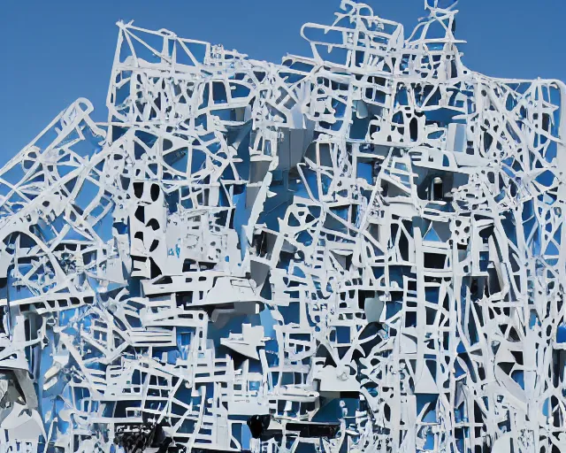 Prompt: photo of minimalist abstract cubist sculpture of blue hills with random white mecha mayan decorations, covered with few large white airplane parts