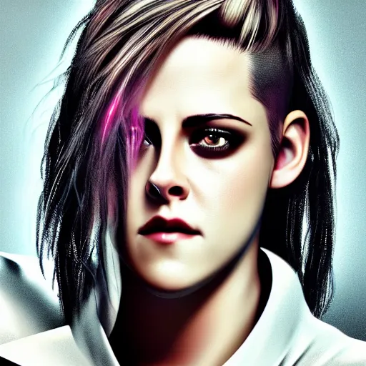 Image similar to kristen stewart portrait, Cyberpunk 2077, photorealistic, ultra detailed, cybernetic head, neon, octane, bokeh, cyber, cyber style, feature, scars, cyberface, 8k