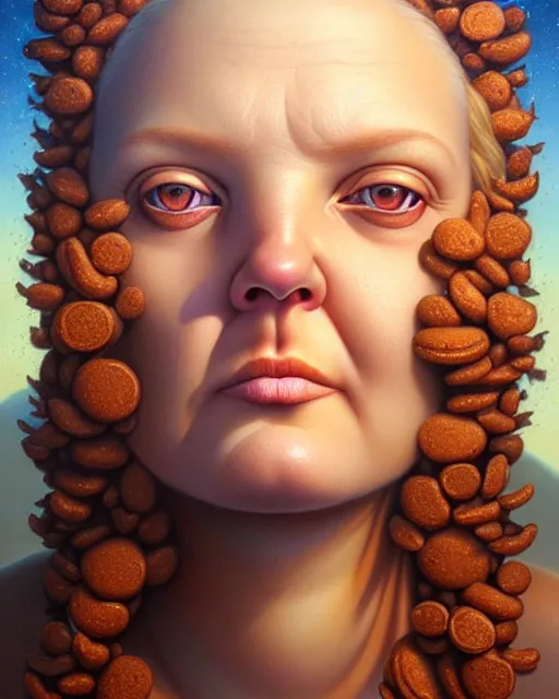 Image similar to detailed portrait of drew barrymore marshmallow!! chocolate!! biscuit! by tomasz alen kopera and peter mohrbacher and johanna martine! and margaret keane! coherent luminescent