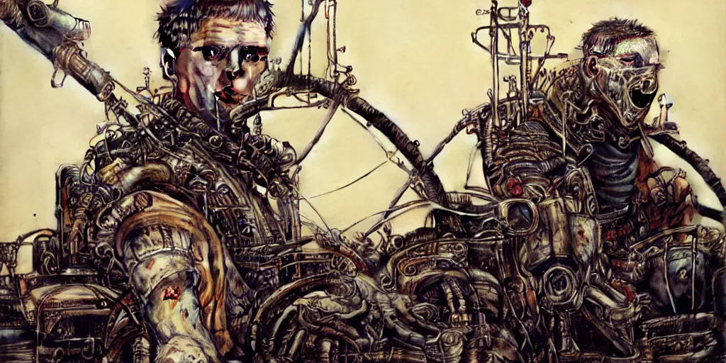 Prompt: mad max rockatansky fury road by brendan mccarthywires cybernetic implants, steelpunk, abandoned steelworks, grime and grunge, in the style of adrian ghenie, esao andrews, jenny saville,, surrealism, dark art by james jean, takato yamamoto