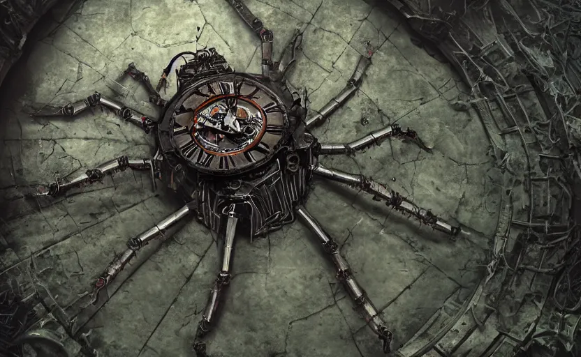 Prompt: destroyed mechanical clockpunk spider in a large dimly lit wet sewer, mossy walls, long corridor, wide angle shot, ultra detailed, fine drawing, grunge, eldritch horror, hyper real, 4 k, moody lighting, warm colors, shaded