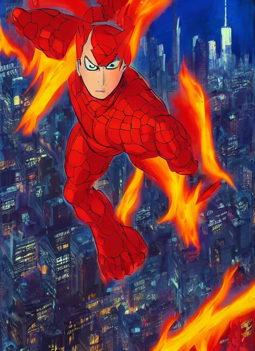 Image similar to anime key visual concept art of marvel human torch, flying above new york city background, by ashley wood, yoji shinkawa, jamie hewlett, 6 0's french movie poster, french impressionism, vivid colors, palette knife and brush strokes, style of makoto shinkai and greg rutkowski, fish eye lens