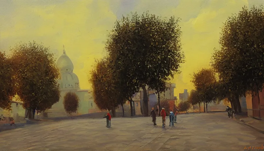 Prompt: painting by artemov leonid, evening landscape in the city and two people on the road