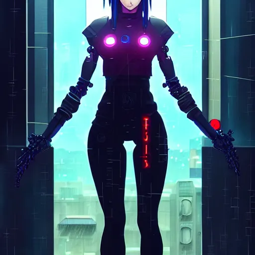 Image similar to cyberpunk anime art, beautiful cyborg girl in the style of arcane holding excalibur, full round face, biomechanical details, full body shot, rain, wet street, window reflections, lens flare, wlop, ilya kuvshinov, artgerm, krenz cushart, greg rutkowski