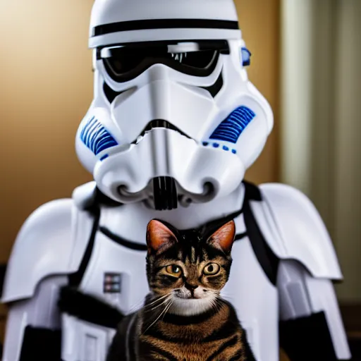 Prompt: a cat wearing a stormtrooper helmet covering the whole face while on the kitchen table, standing up, 40nm lens, shallow depth of field, split lighting, 4k,