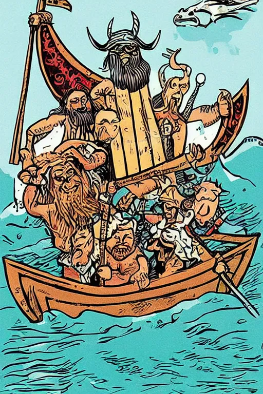 Image similar to “Poster of Vikings in a viking boat on the ocean fighting with sea monster. Retro caricature.”