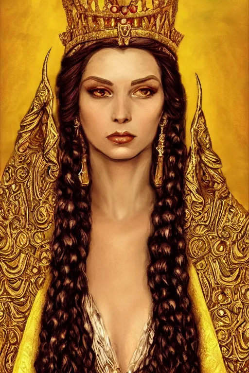 Prompt: Portrait of historically accurate, ancient biblical, sultry, sneering, evil, pagan, wicked, queen jezebel, wearing gilded robes, long hair, intricate, elegant, highly detailed, masterpiece, illustration, art by Andrew Loomis, highly detailed, trending on artstation, award winning