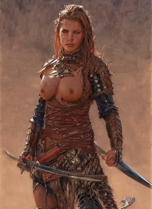 Prompt: beautiful warrior woman with wet hair wearing tan leather clothes holding a sword by artist donato giancola