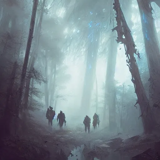 Prompt: a foggy miasma, attacking a group of adventures running through a forest, fantasy art by greg rutkowski