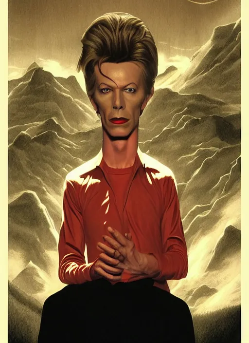 Prompt: twin peaks poster art, portrait of david bowie saw dsicovered the secrets of the black lodge, by michael whelan, rossetti bouguereau, artgerm, retro, nostalgic, old fashioned