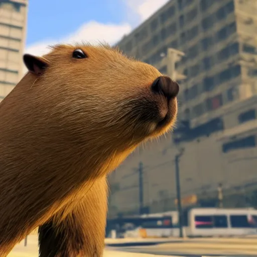 Image similar to Capybara in GTA V, cover art by Stephen Bliss, artstation, no text