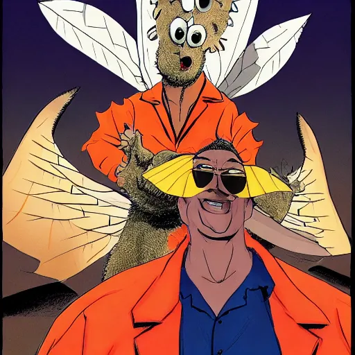 Prompt: ripped physique winged man Norm MacDonald disguised as a mothra whilst wearing a traffic cone hat brian k. vaughan