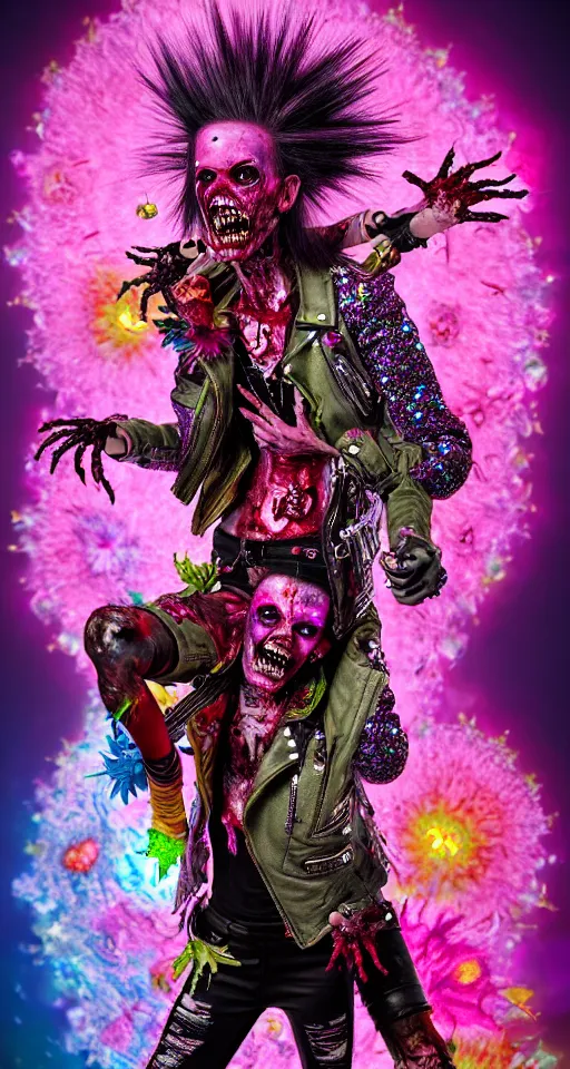 Prompt: action shot of a punk rock zombie with multicolored skin and pink crystal mohawk, red leather jacket, anatomical body, covered in flowers and glitter, digital art, octane render, fantasy, cartoonish, cinematic lighting, visionary art by alex grey