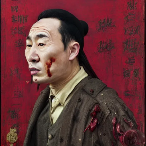 Image similar to photorealistic face portrait of chinese uyghur muslim prisoner and melting wax, wearing victorian rags, elite, disfigured, drooling, moist, unnatural movement, they are unhappy, bizzaro, baroque, renaissance, by emedios varo and anato finnstark and fenghua zhong, hyperrealism, 8 k, 3 d, masterpiece, texture