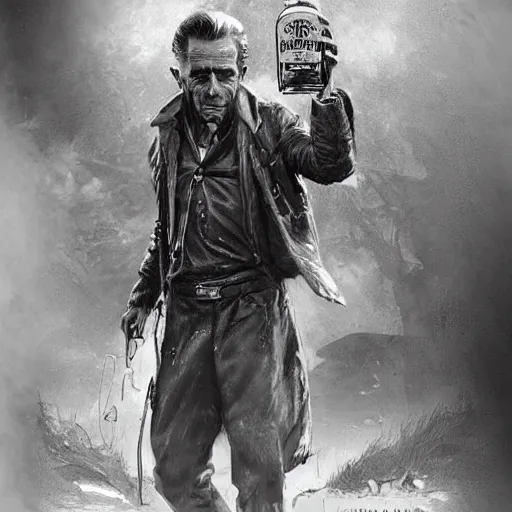 Image similar to a highly detailed epic cinematic concept art CG render digital painting artwork costume design: Humphrey Bogart, old scars, long hair, grizzled, tired, in an old 1950s leather jacket, with a bottle of whisky in hand. By Greg Rutkowski, Ilya Kuvshinov, WLOP, Stanley Artgerm Lau, Ruan Jia and Fenghua Zhong, trending on ArtStation, made in Maya, Blender and Photoshop, octane render, excellent composition, cinematic atmosphere, dynamic dramatic cinematic lighting, aesthetic, very inspirational, arthouse