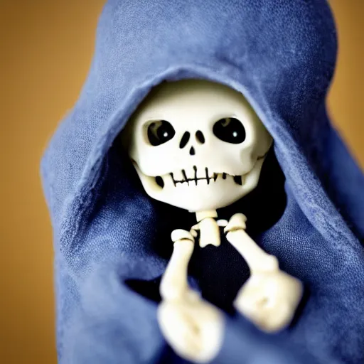 Image similar to an adorable simple ball jointed skeleton doll lovingly crafted by sclupted by hand from porcelain clay on a toy workbench, wearing a little bat poncho hoodie combo with jean shorts, worms eye view, macro camera lens, cinematic, focus