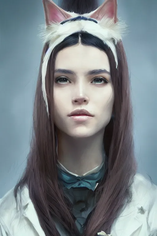 Prompt: A fancy portrait of an attractive hybrid women with cat ears by Greg Rutkowski, beeple, Sung Choi, Mitchell Mohrhauser, Maciej Kuciara, Johnson Ting, Maxim Verehin, Peter Konig, final fantasy, macro lens , 8k photorealistic, cinematic lighting, HD, high details, dramatic, dark atmosphere, trending on artstation