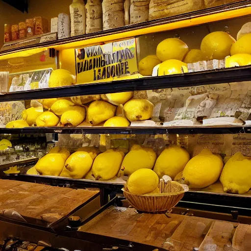 Image similar to a store full of lemons, bread lemons, lemon drinks, lemon dog, lemon cat, 8 k resolution, digital art