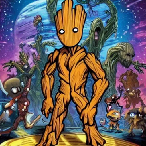 Prompt: games, cartoons, groot, endless, universe