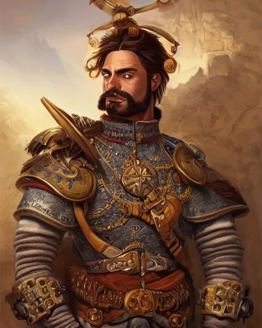 Image similar to ultrarealistic illustration of a pompous spanish conquistador by filipe pagliuso and justin gerard, symmetric, detailed, intricate, anatomy, facial features, digital painting, treasure planet color scheme, masterpiece, sharp focus