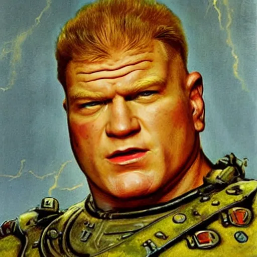 Image similar to head and shoulders portrait of brock lesnar as baron harkonnen from dune 1982 movie, background dystopian scifi palace, painted by norman rockwell and tom lovell and frank schoonover