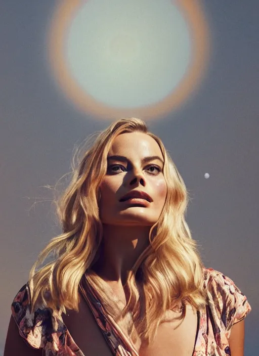 Image similar to beautiful Margot Robbie in a Solarpunk blouse, accurate anatomy, abstract sun in background, shiny soft skin, soft lighting, sharp details, warm colors, full body portrait, 35 mm film, subsurface scattering, lens flare