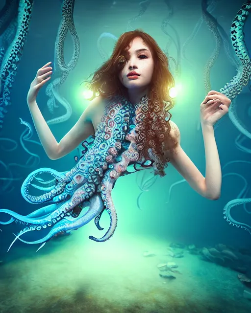 Image similar to a beautiful girl underwater wearing an octopus dress surrounded by glowing jellyfish, 8 k realistic, hyperdetailed, beautiful lighting, detailed background, depth of field, symmetrical face, frostbite 3 engine, cryengine