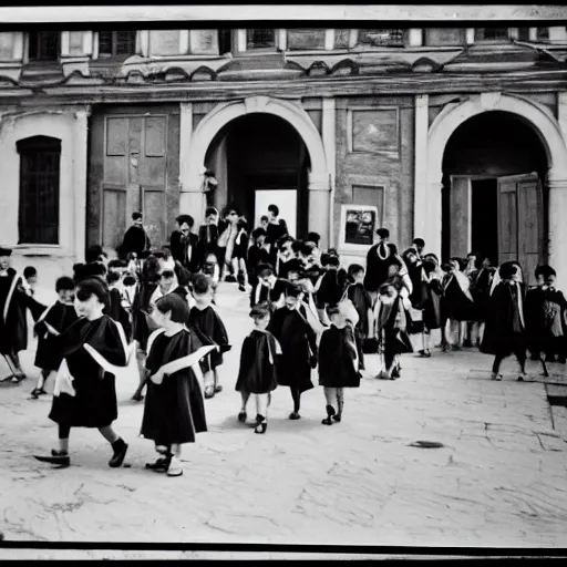 Prompt: black and white image of a group of scholars entering school genova