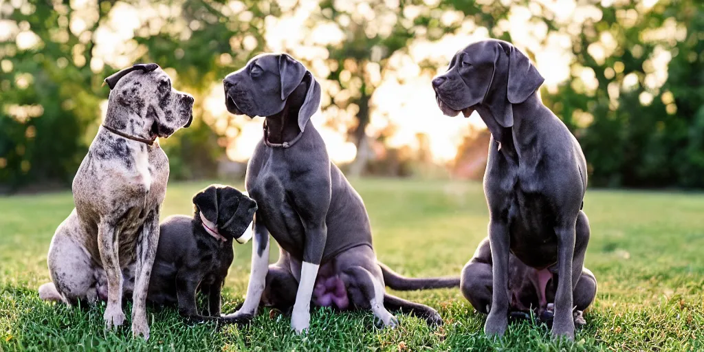 Prompt: a tiny adorable kitten and an elderly great dane are the best of friends, golden hour, back yard, giant iridescent soap bubbles fill the air, bokeh