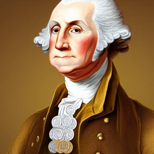 Image similar to a photorealistic colored pencil sketch of a happy George Washington wearing a gold chain around his neck with a small Doubloon coin attached as a necklace. This 4K HD image is Trending on Artstation, featured on Behance, well-rendered, extra crisp, features intricate detail and the style of Unreal Engine.