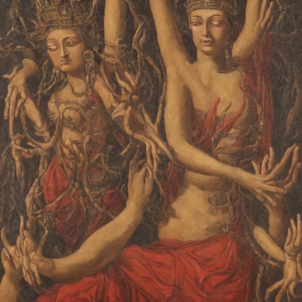Image similar to young woman deity with multiple arms, highly detailed, oil painting