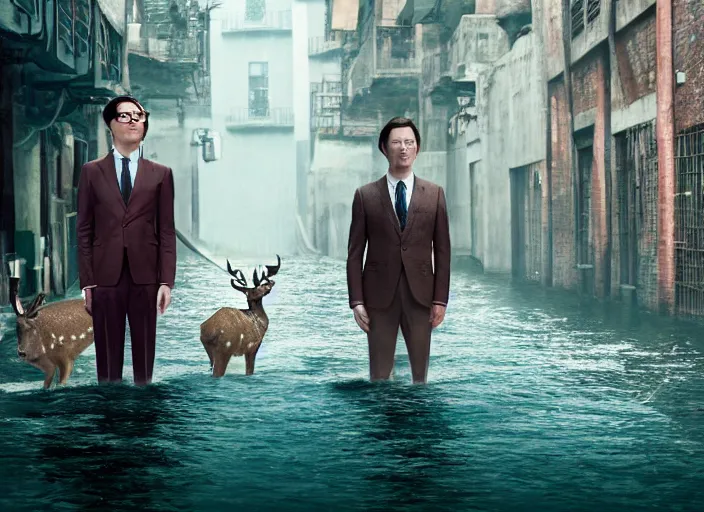 Prompt: a very high resolution image from a new movie, two deer in suits, in a narrow chinese alley, surrounded by water vapor, beatiful backgrounds, dramatic lighting, directed by wes anderson