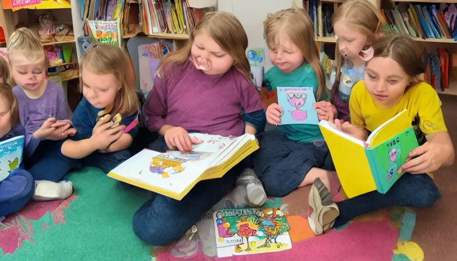 Image similar to kindergarten teacher reading a megg, mogg and owl book to 4 children