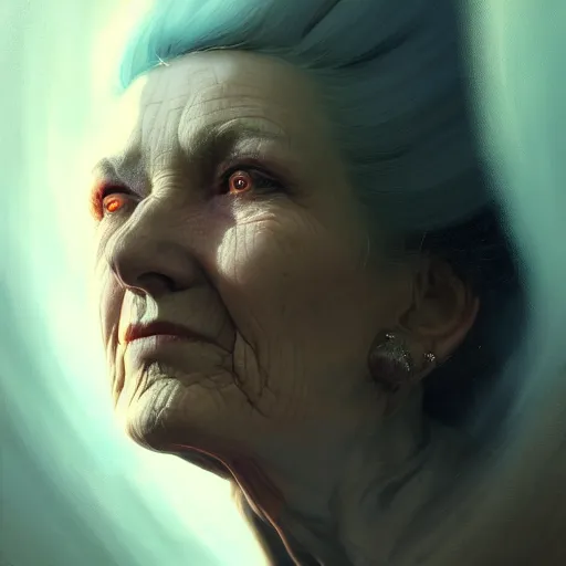 Image similar to an old woman with a mullet, portrait, close up, high detailed, craig mullins, peter mohrbacher, unreal engine, 8 k, dark beauty, trending on artstation