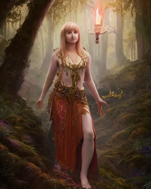 Image similar to Beautiful art portrait of Melissa Rauch as a fantasy priestess in a bright temple surrounded by lush forest, atmospheric lighting, intricate detail, cgsociety, hyperrealistic, octane render, RPG portrait, ambient light, dynamic lighting