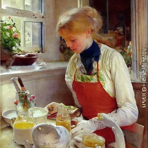 Image similar to beautiful blonde woman making breakfast morning painting volegov carl larsson