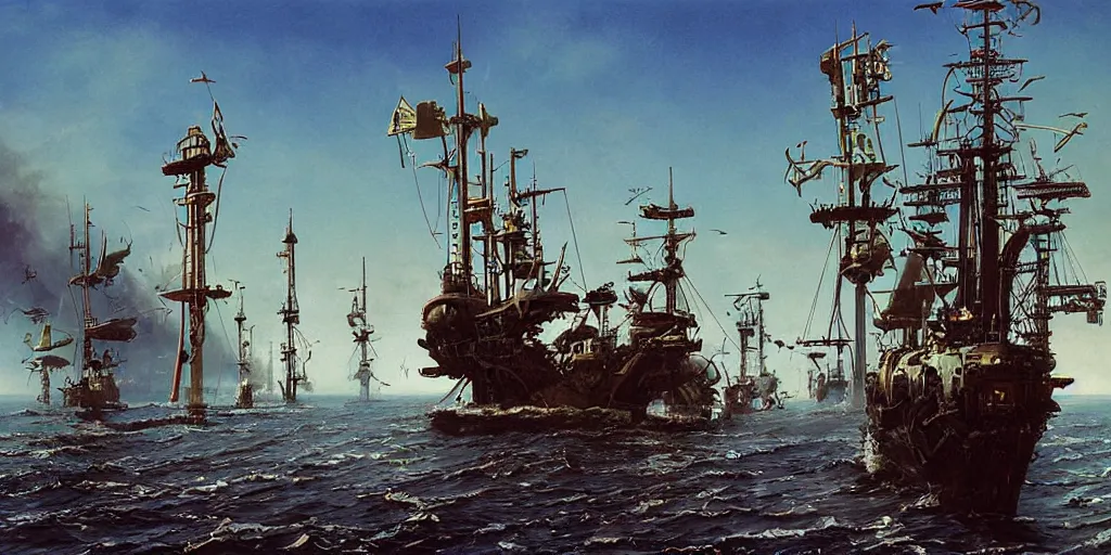 Image similar to realistic illustration retrofuturistic dieselpunk pirate ship exploration survey sci-fi peter elson, john berkey