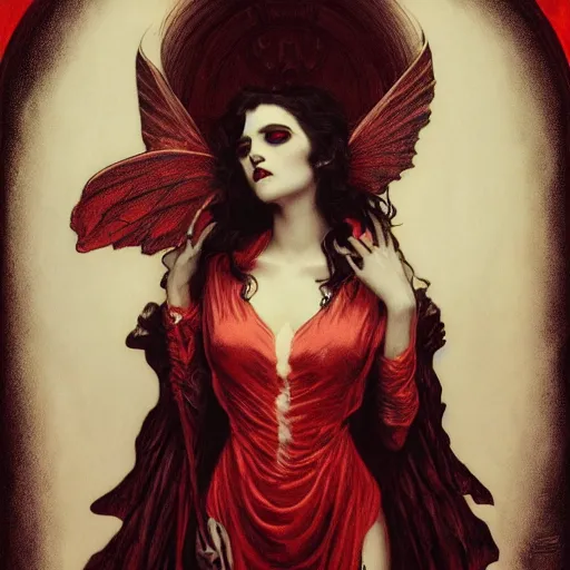 Image similar to gustave dore beautiful desirable vampire girl with ivory skull wings with some crimson, black background, beautifully lit, hyperdetailed, lighting, featured on artstation, by james jean, moebius, cory loftis, craig mullins, rutkowski, mucha klimt and tom bagshaw, 4 k, micro details