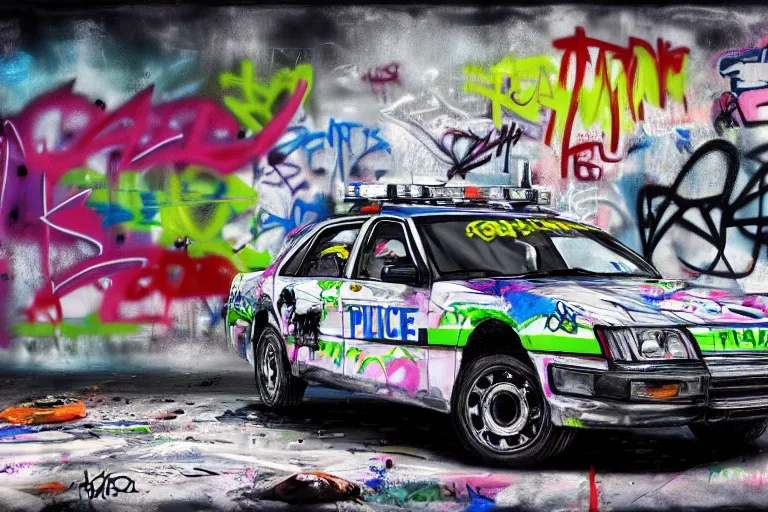 Image similar to a police car covered in graffiti by mia brownell, art by anna hotchkis, antonio saura, very detailed, maximalism, ambient occlusion, volumetric light, atmospheric haze, hyper realism, futuristic but colorful shading, cinematic composition, realistic render, photography, wide shot