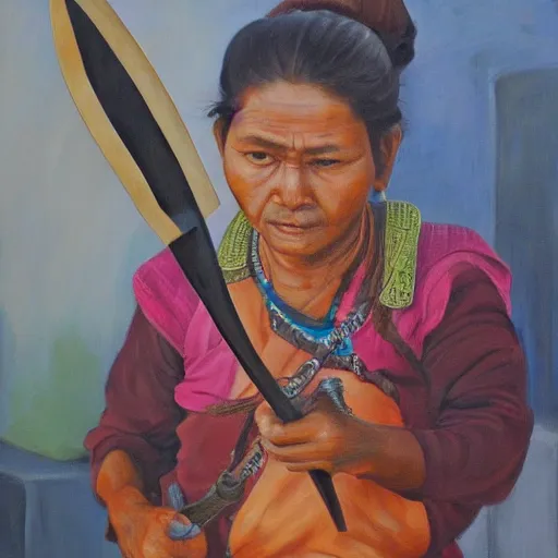 Image similar to a nepali woman carrying a sword, fierce, oil painting