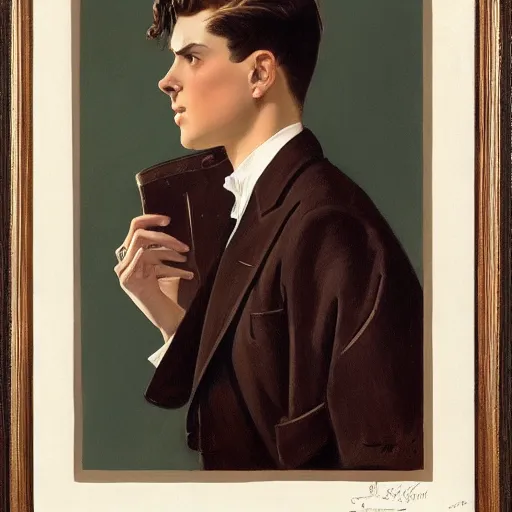Image similar to a young man unaware of his own beauty, surrounded by covetous eyes and longing silhouettes, J. C. Leyendecker, 1906