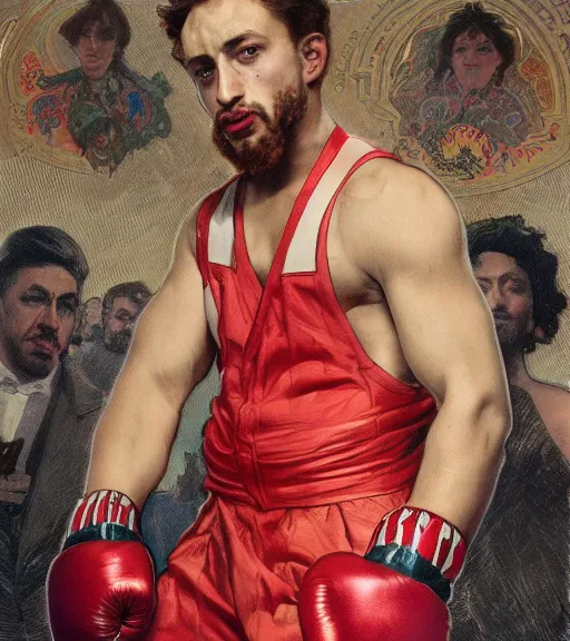 Prompt: Gigachad Sam Hyde wearing a high-end suit, boxing stance, wearing candy cane theme boxing gloves, sigma male, accurately portrayed, portrait art by alphonse mucha and greg rutkowski, highly detailed, digital painting, concept art, illustration, dim lighting with twilight rays of sunlight, trending on artstation, very detailed, smooth, sharp focus, octane render, close up