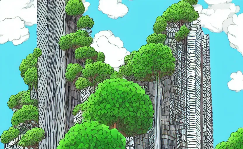 Prompt: big skyscraper levitate over the jungle, ghibli style, sky in a background, tall lines
