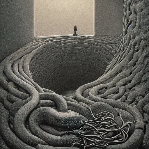 Prompt: snake home, dark place by zdzisław beksiński