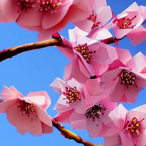 Prompt: close up of blossoming cherry tree with origami flowers, peaceful, colorful